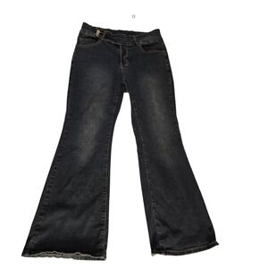 Shein Curve Womens Jeans Dark Wash 0XL High Rise Flare Leg Triple Button Detail